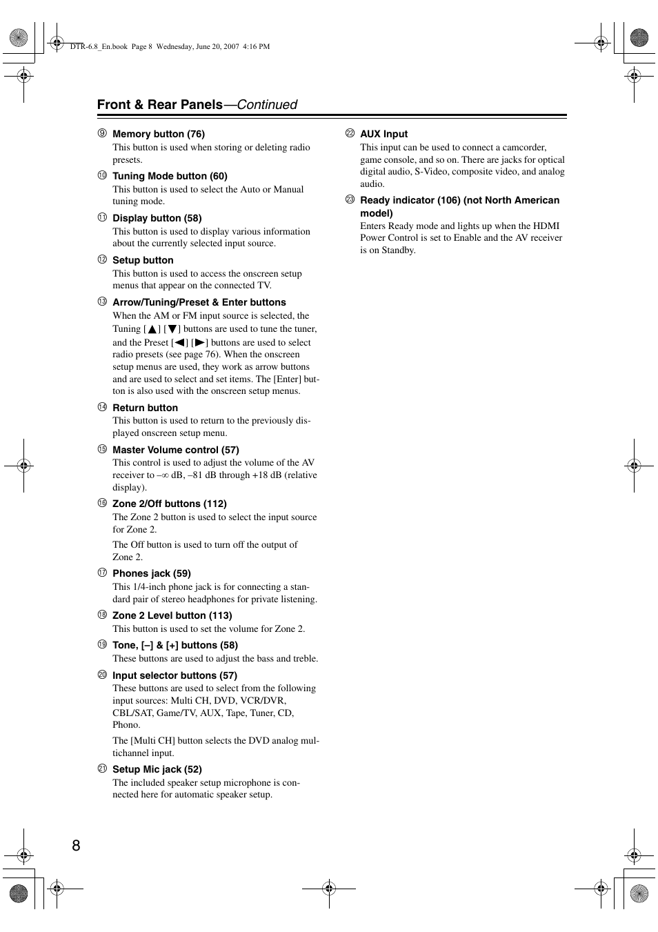 Front & rear panels —continued | Integra DTR-6.8 User Manual | Page 8 / 126