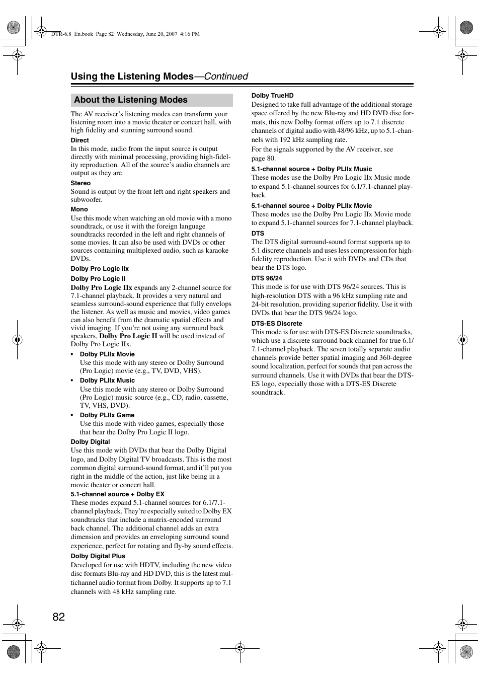 Using the listening modes —continued, About the listening modes | Integra DTR-6.8 User Manual | Page 82 / 126