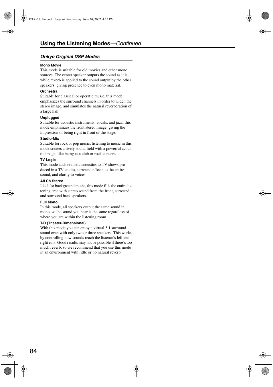 Using the listening modes —continued | Integra DTR-6.8 User Manual | Page 84 / 126