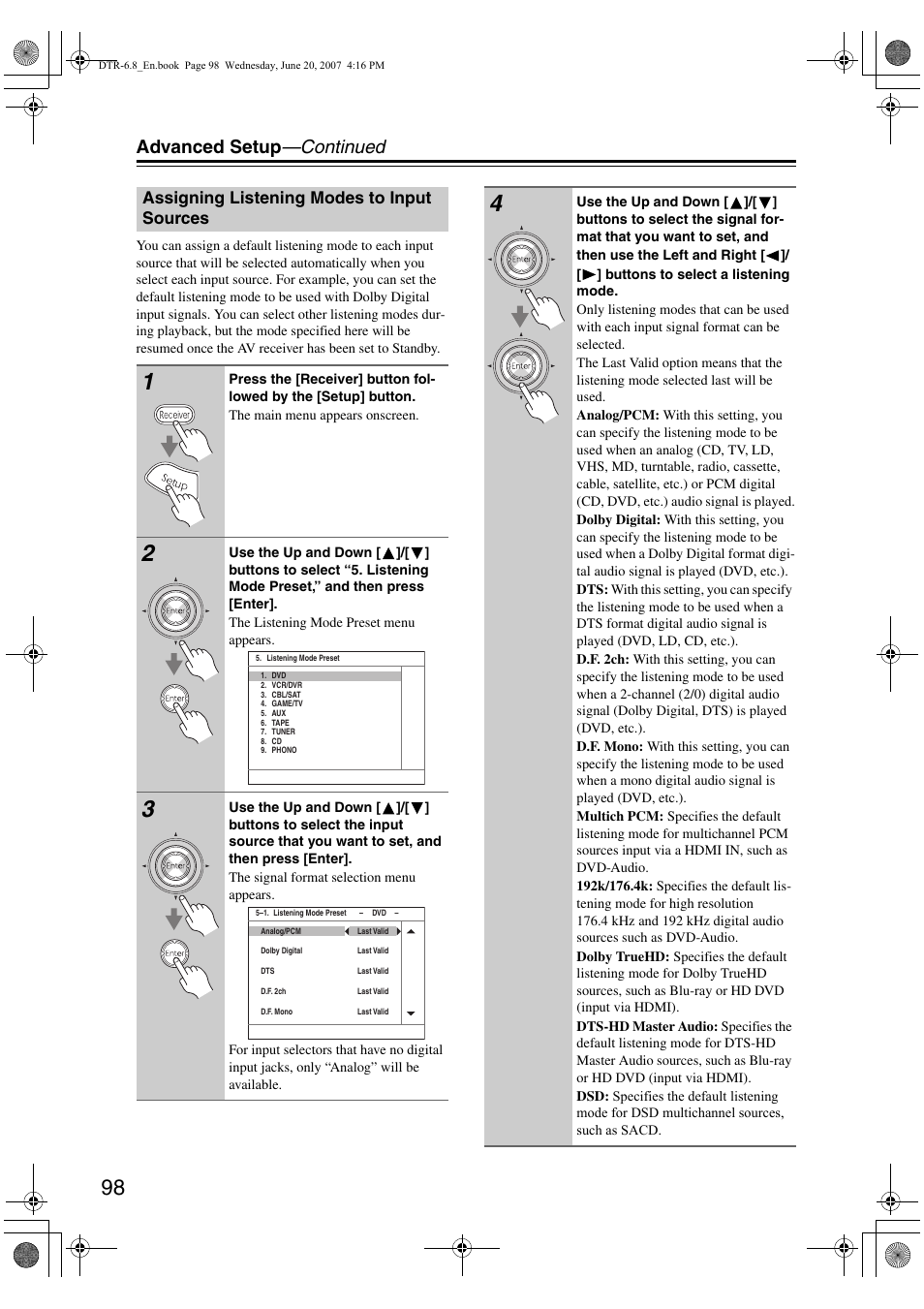 Advanced setup —continued, Assigning listening modes to input sources | Integra DTR-6.8 User Manual | Page 98 / 126