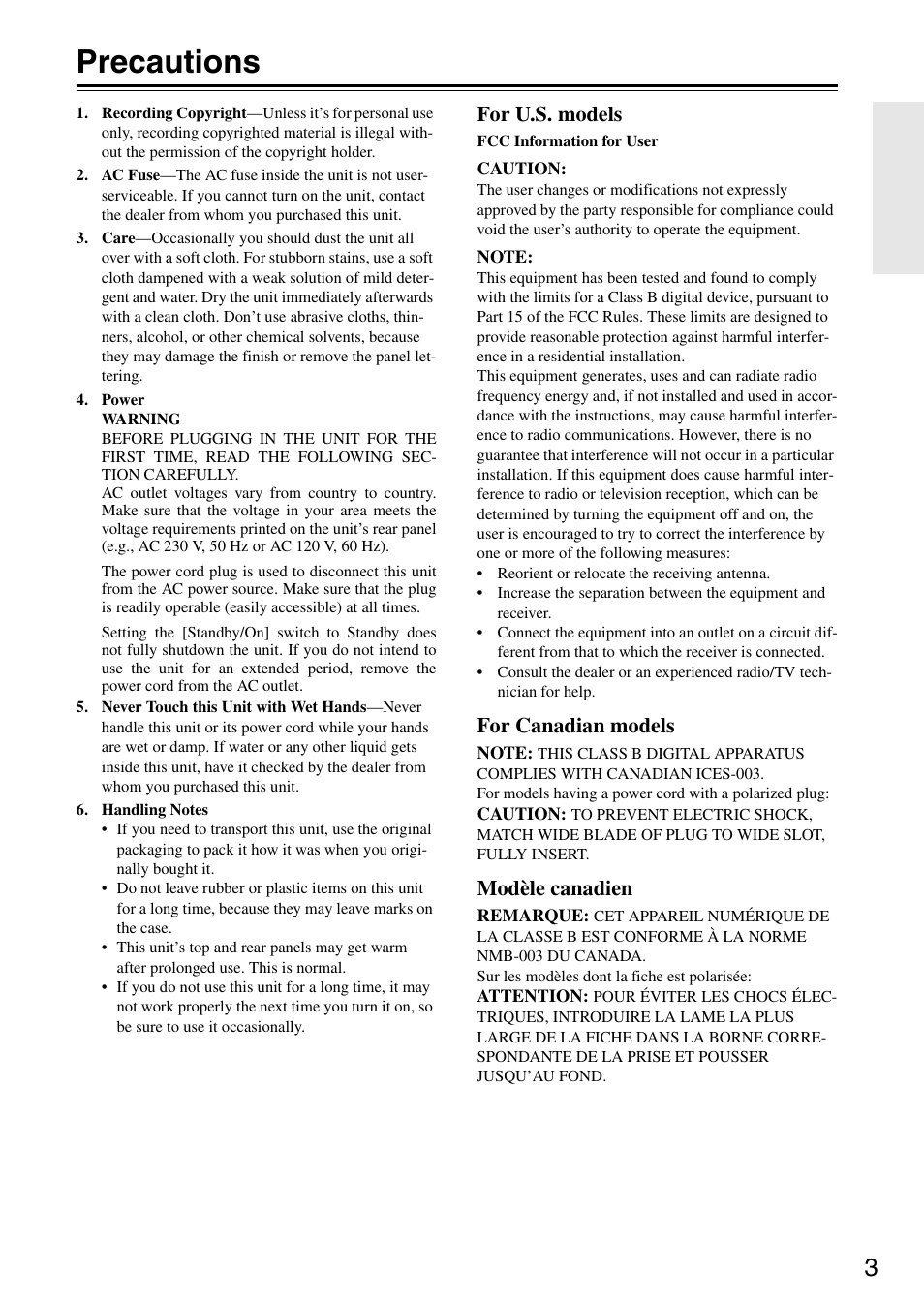 Precautions, For u.s. models, For canadian models | Modèle canadien | Integra DTR-5.8 User Manual | Page 3 / 100