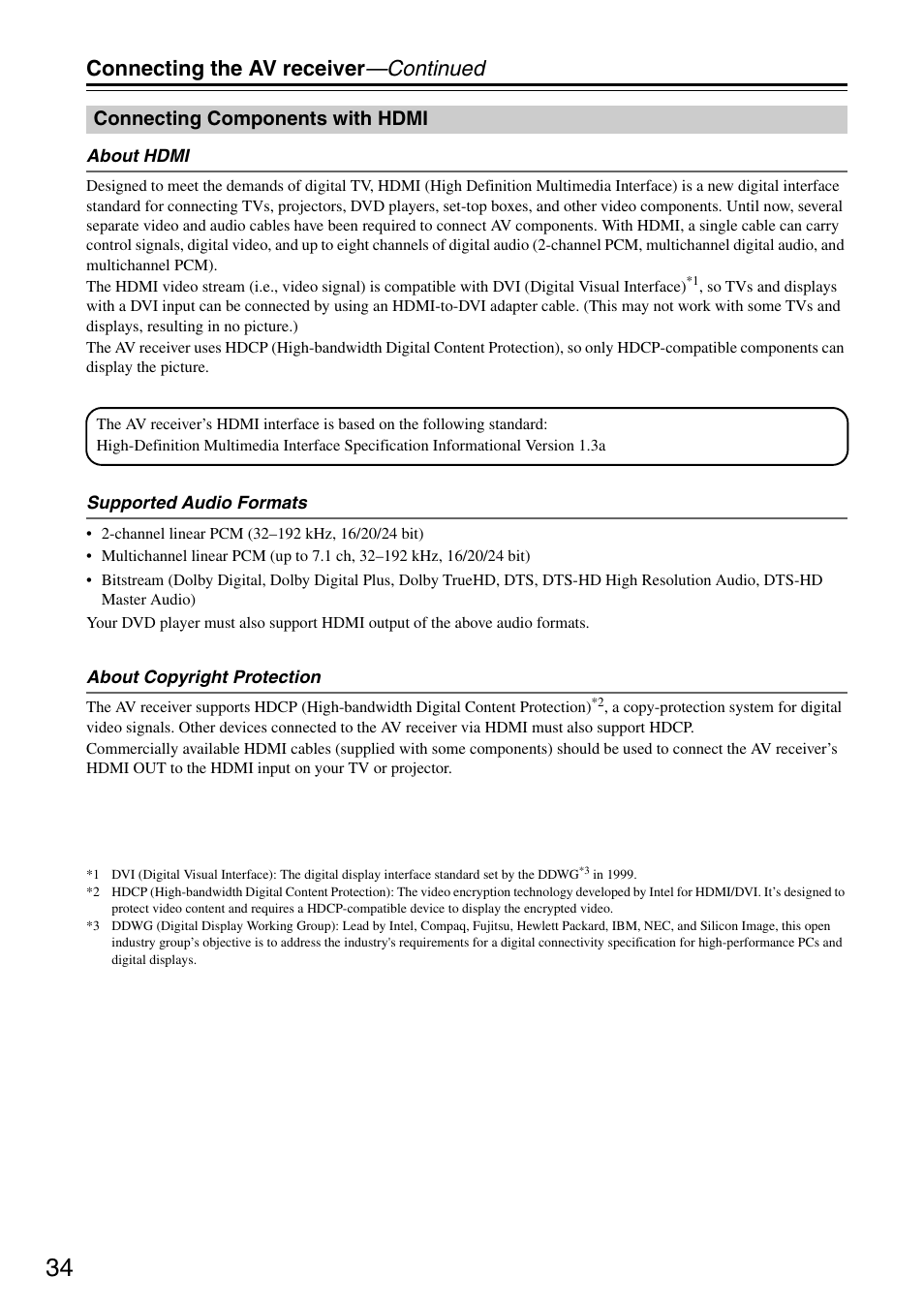 Connecting the av receiver —continued, Connecting components with hdmi | Integra DTR-5.8 User Manual | Page 34 / 100