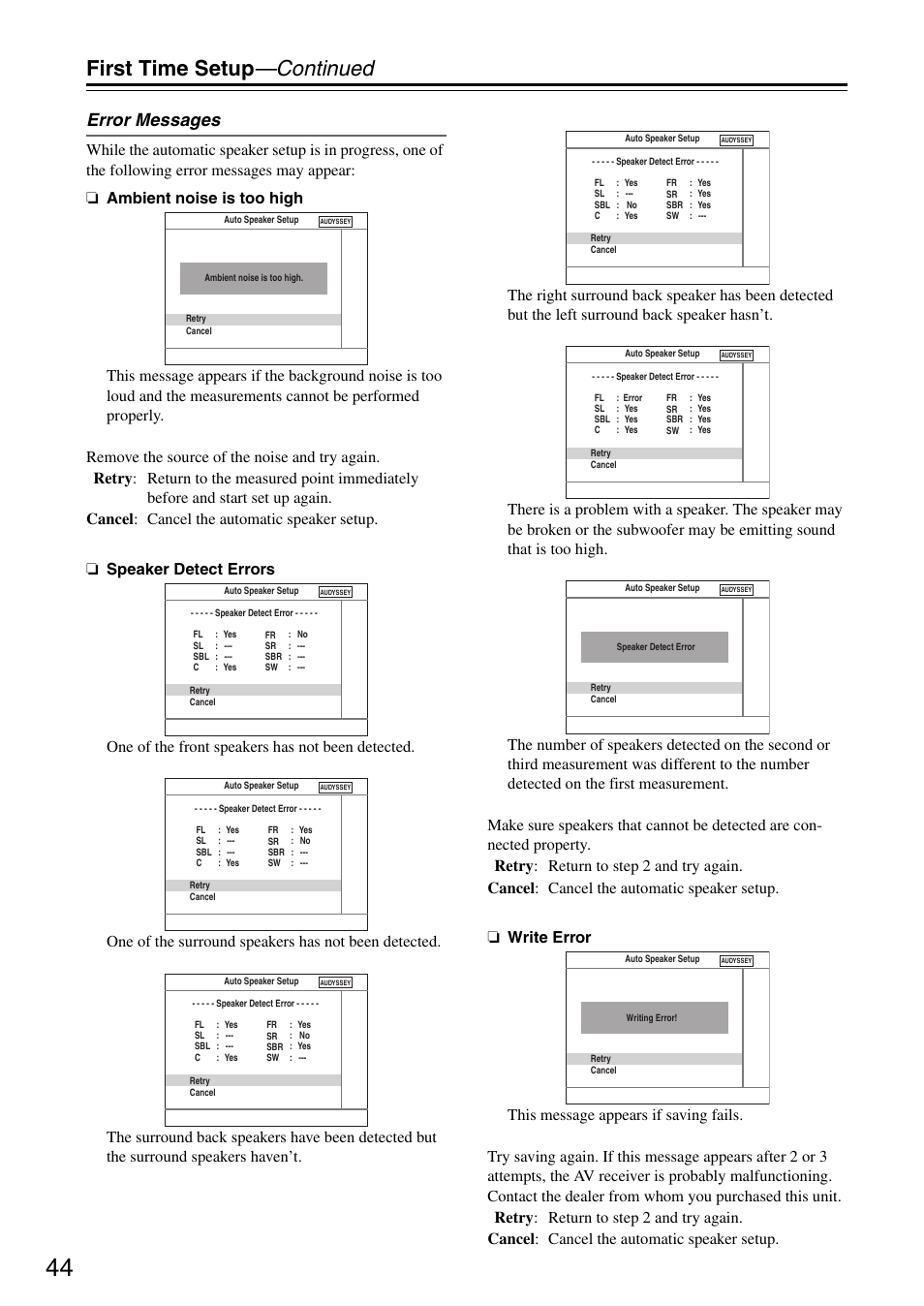 First time setup —continued, Error messages | Integra DTR-5.8 User Manual | Page 44 / 100