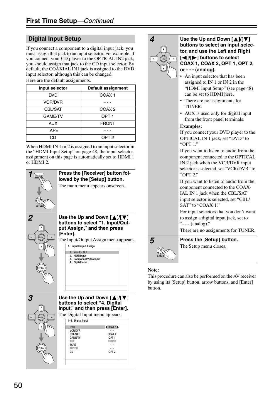 First time setup —continued, Digital input setup | Integra DTR-5.8 User Manual | Page 50 / 100