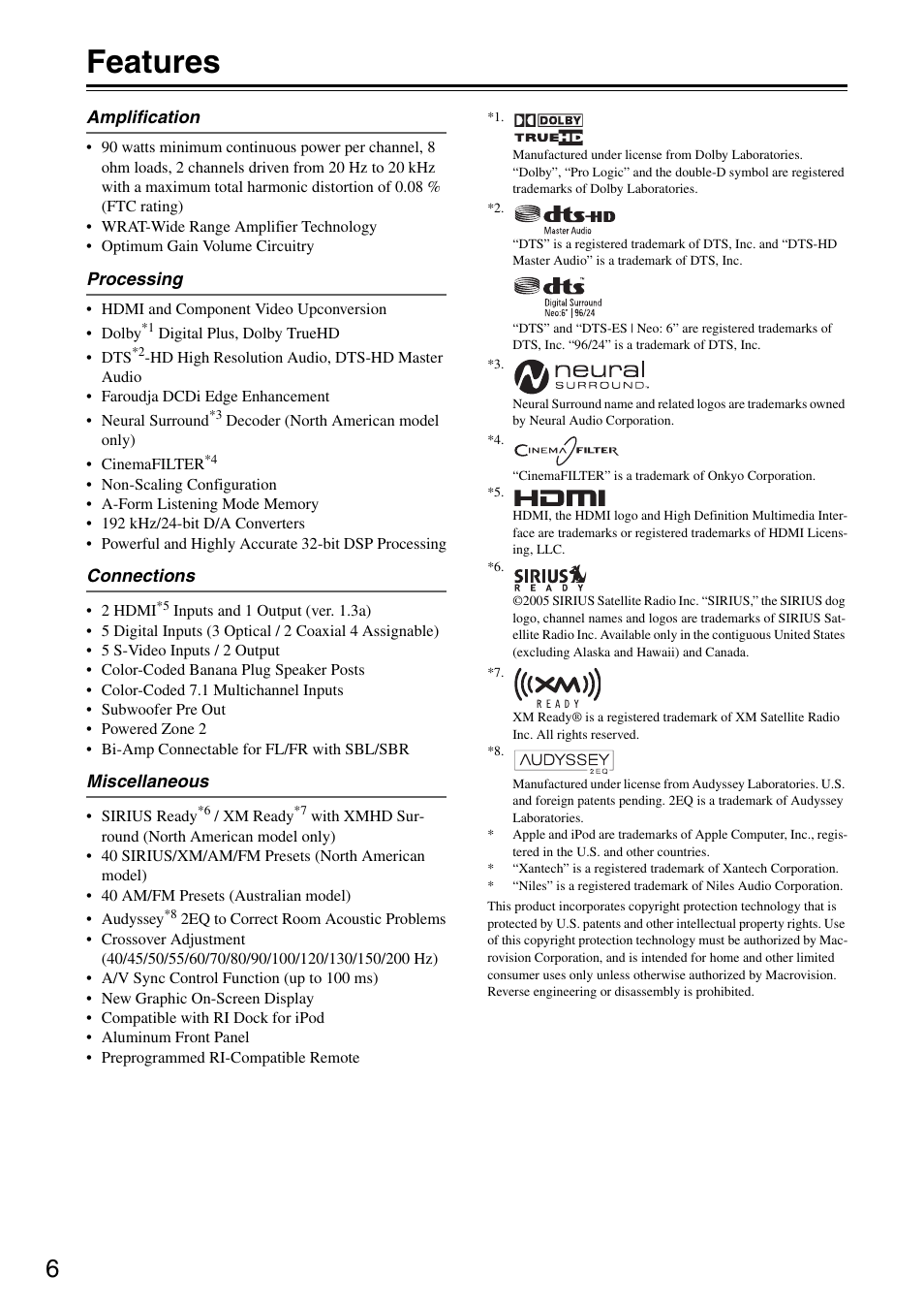 Features | Integra DTR-5.8 User Manual | Page 6 / 100