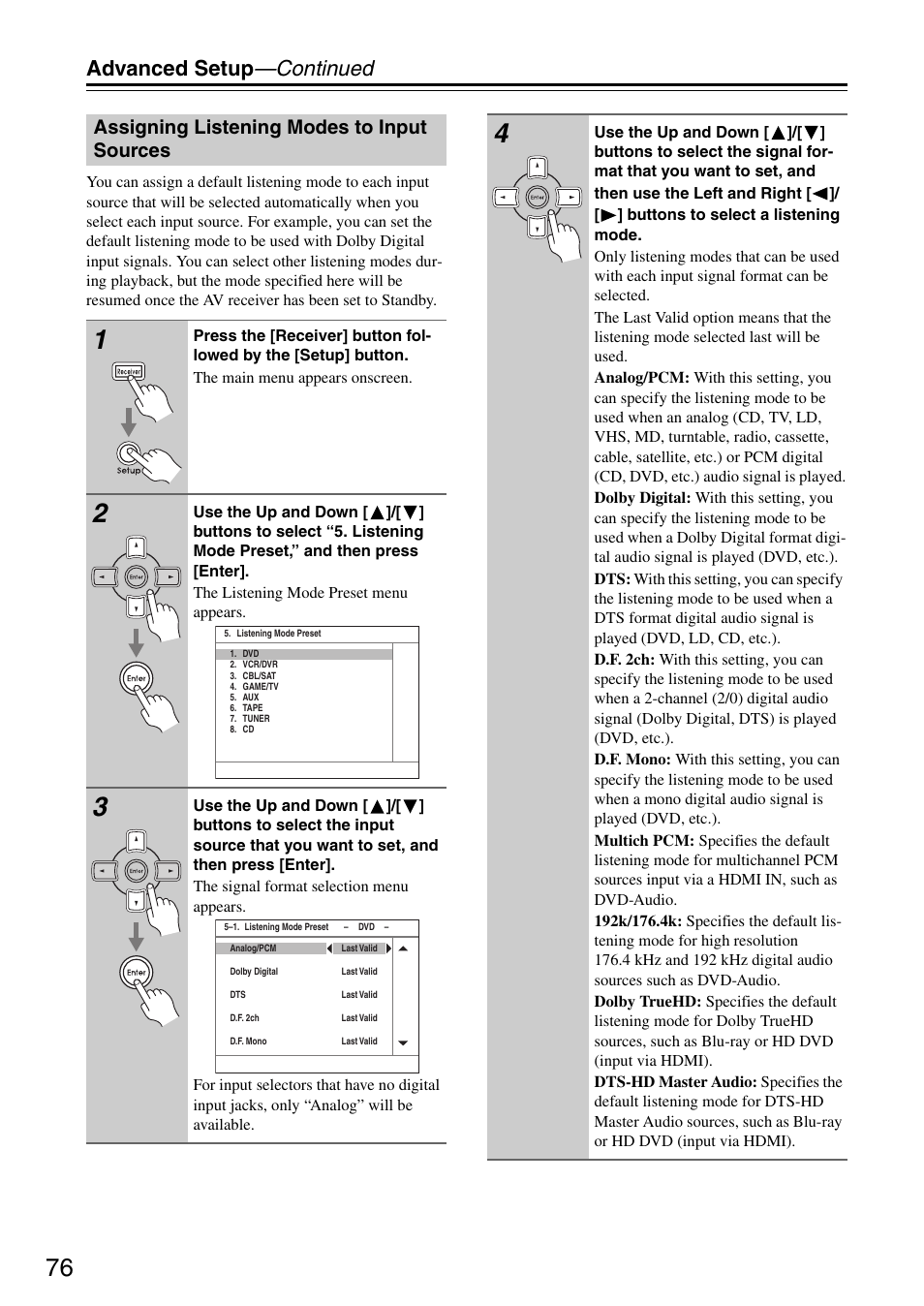 Advanced setup —continued, Assigning listening modes to input sources | Integra DTR-5.8 User Manual | Page 76 / 100