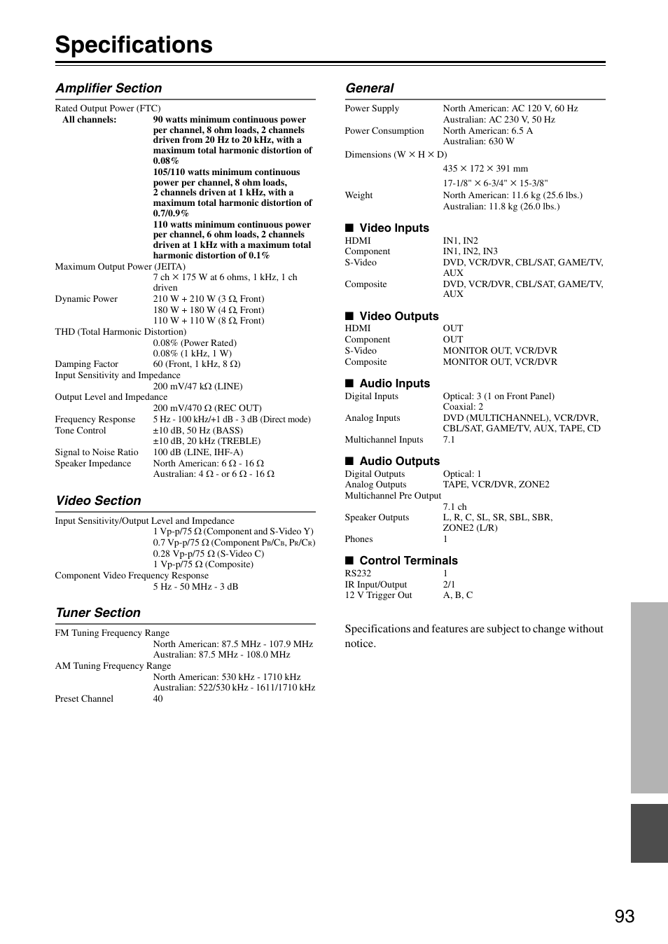 Specifications | Integra DTR-5.8 User Manual | Page 93 / 100