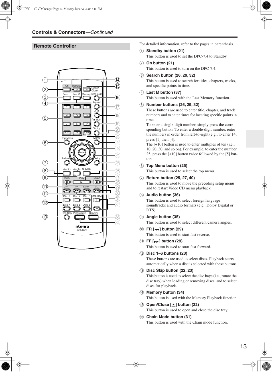 Controls & connectors —continued, Remote controller | Integra DPC-7.4 User Manual | Page 13 / 48