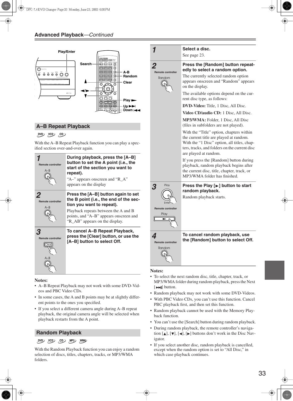 Advanced playback —continued, A–b repeat playback, Random playback | Integra DPC-7.4 User Manual | Page 33 / 48