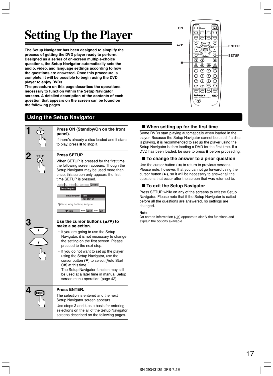 Setting up the player, Using the setup navigator, When setting up for the first time | Press on (standby/on on the front panel), Press setup, Press enter | Integra DPS-7.2 User Manual | Page 17 / 68