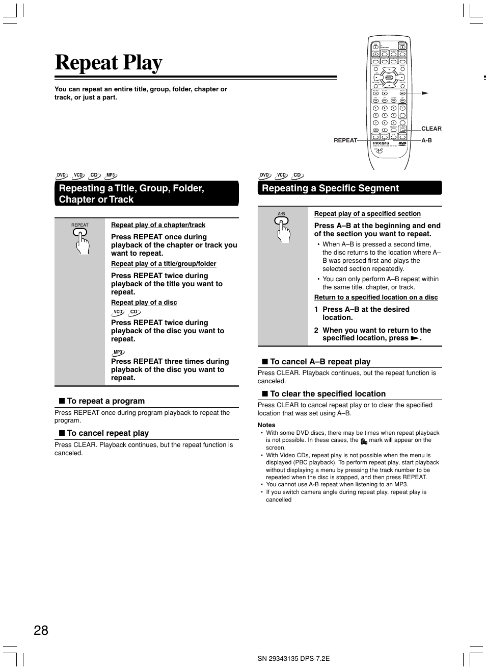 Repeat play, Repeating a title, group, folder, chapter or track, Repeating a specific segment | Repeat play of a chapter/track, Repeat play of a title/group/folder, Repeat play of a disc | Integra DPS-7.2 User Manual | Page 28 / 68