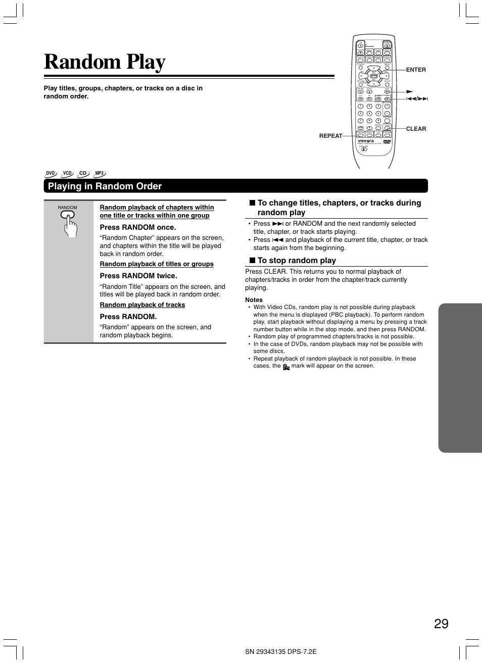 Random play, Playing in random order, Press random once | Press random twice, Press random | Integra DPS-7.2 User Manual | Page 29 / 68