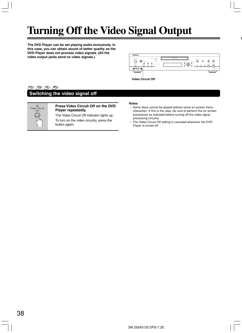 Turning off the video signal output, Switching the video signal off, Max min | Video circuit off | Integra DPS-7.2 User Manual | Page 38 / 68