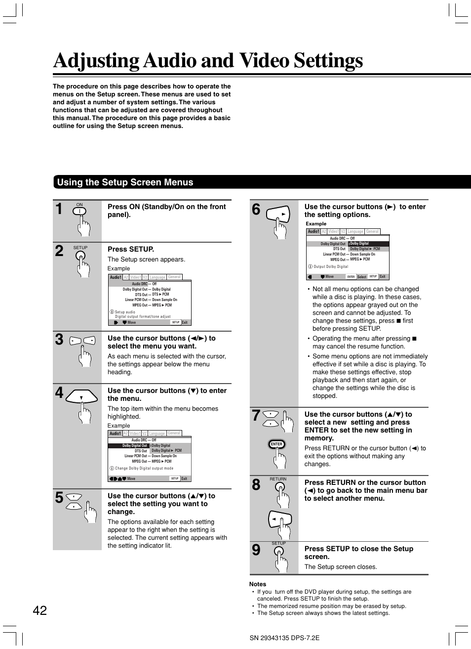 Adjusting audio and video settings, Using the setup screen menus | Integra DPS-7.2 User Manual | Page 42 / 68
