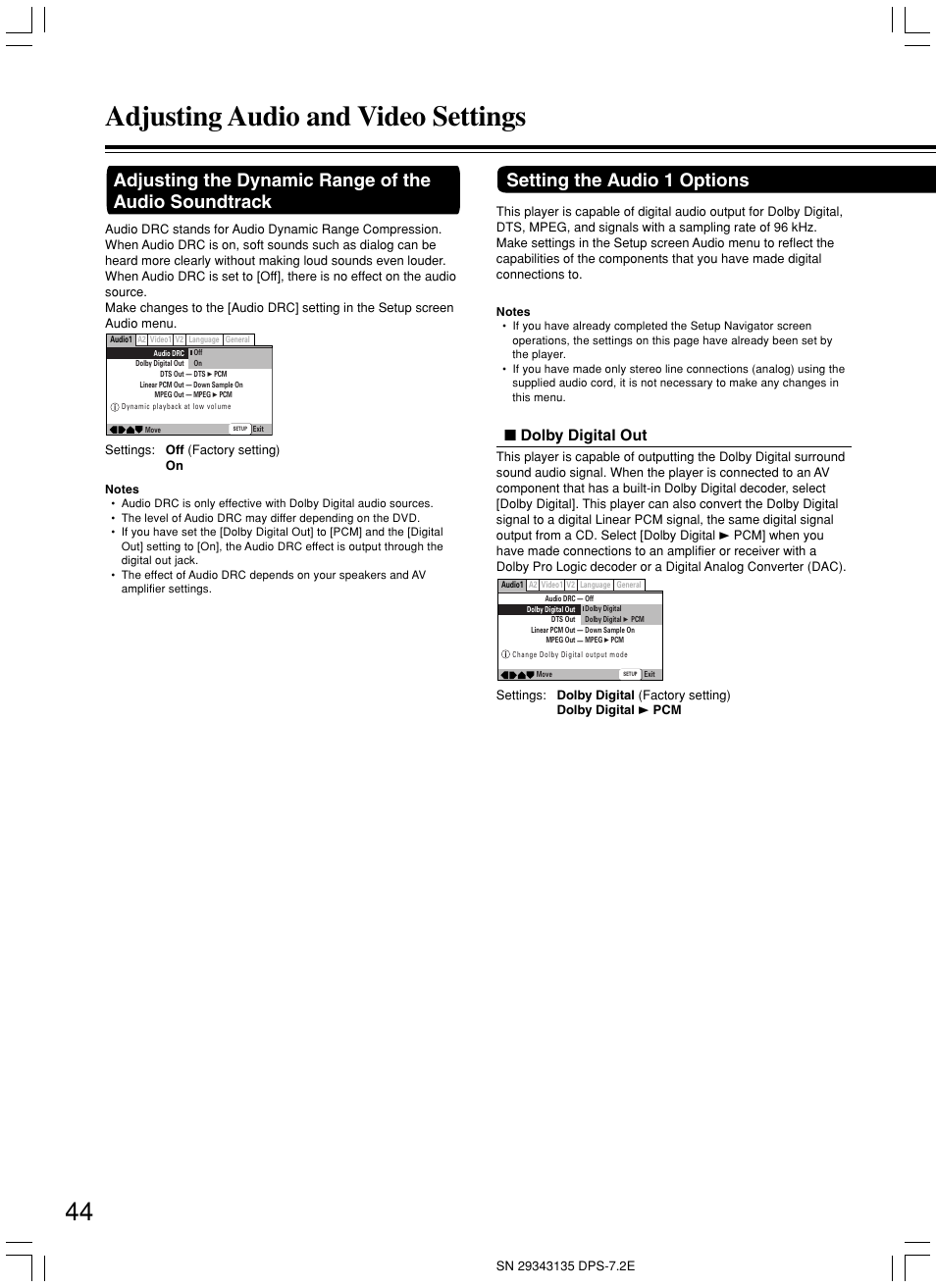 Adjusting audio and video settings, Setting the audio 1 options, Dolby digital out | Integra DPS-7.2 User Manual | Page 44 / 68