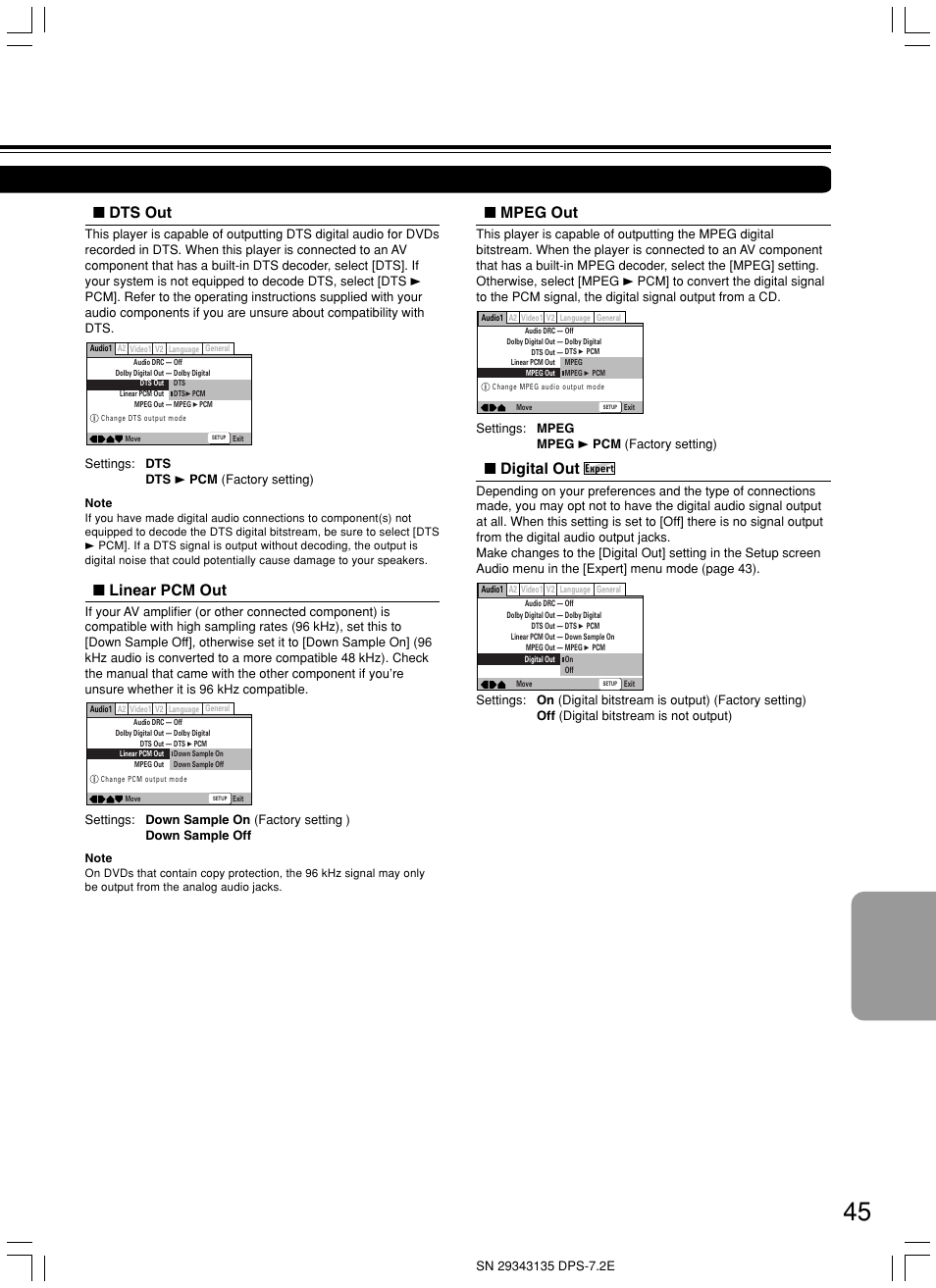 Dts out, Mpeg out, Digital out | Linear pcm out | Integra DPS-7.2 User Manual | Page 45 / 68