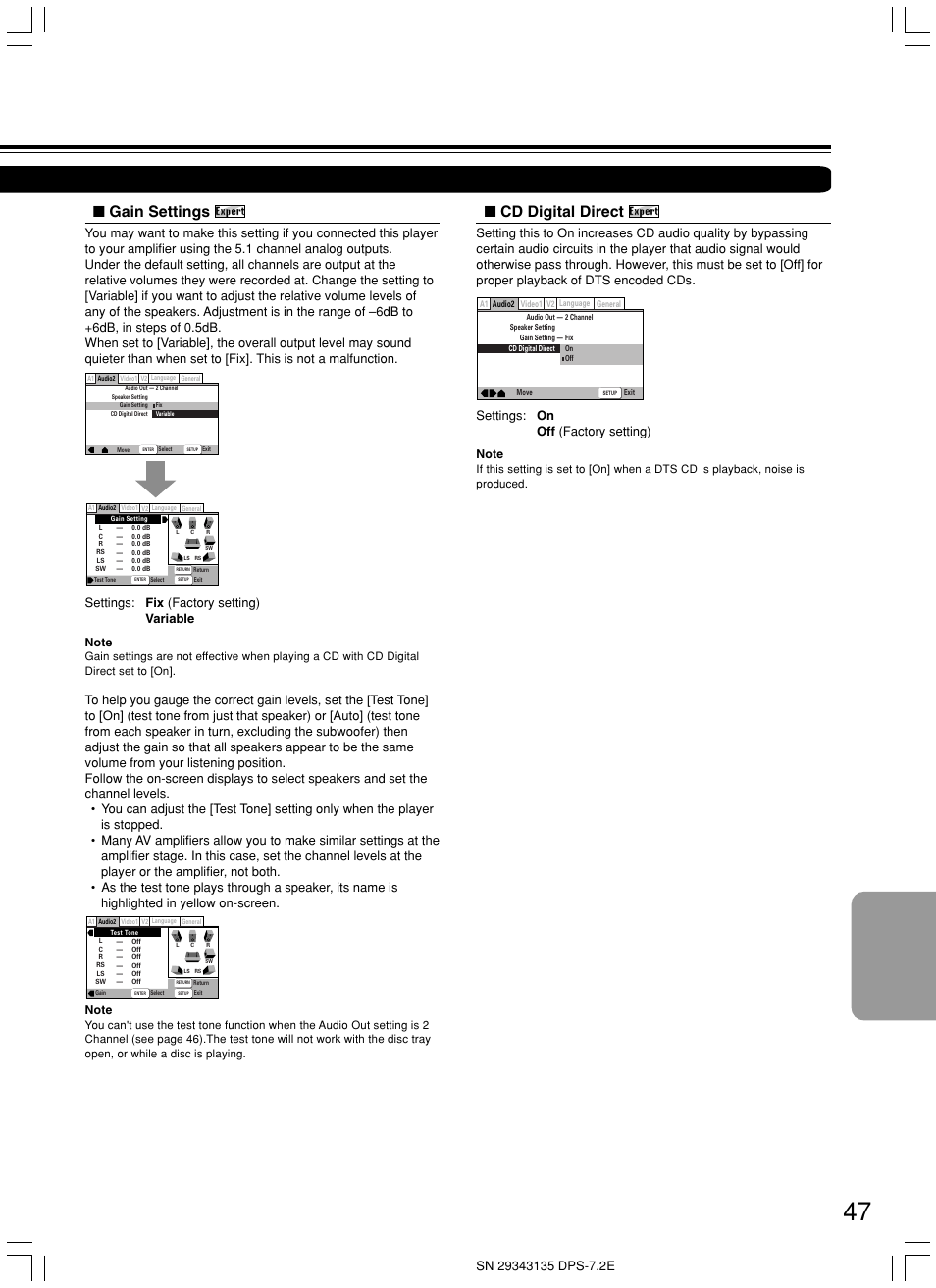 Gain settings, Cd digital direct, Settings: fix (factory setting) variable | Settings: on off (factory setting) | Integra DPS-7.2 User Manual | Page 47 / 68