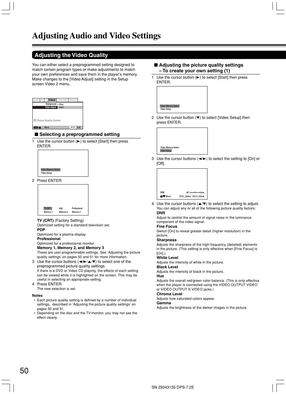 Adjusting audio and video settings, Adjusting the video quality, Selecting a preprogrammed setting | Integra DPS-7.2 User Manual | Page 50 / 68