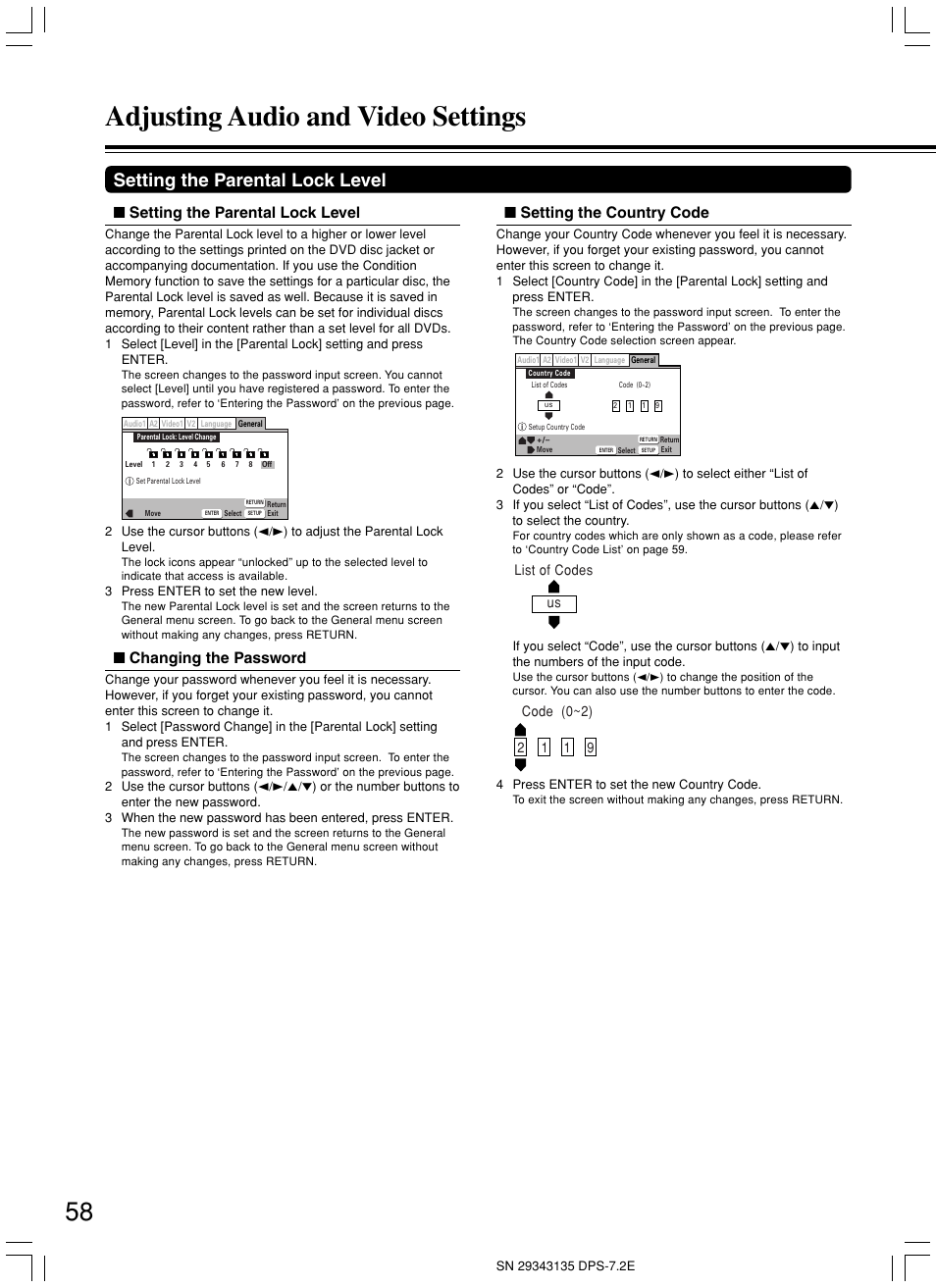 Adjusting audio and video settings, Setting the parental lock level, Changing the password | Setting the country code | Integra DPS-7.2 User Manual | Page 58 / 68