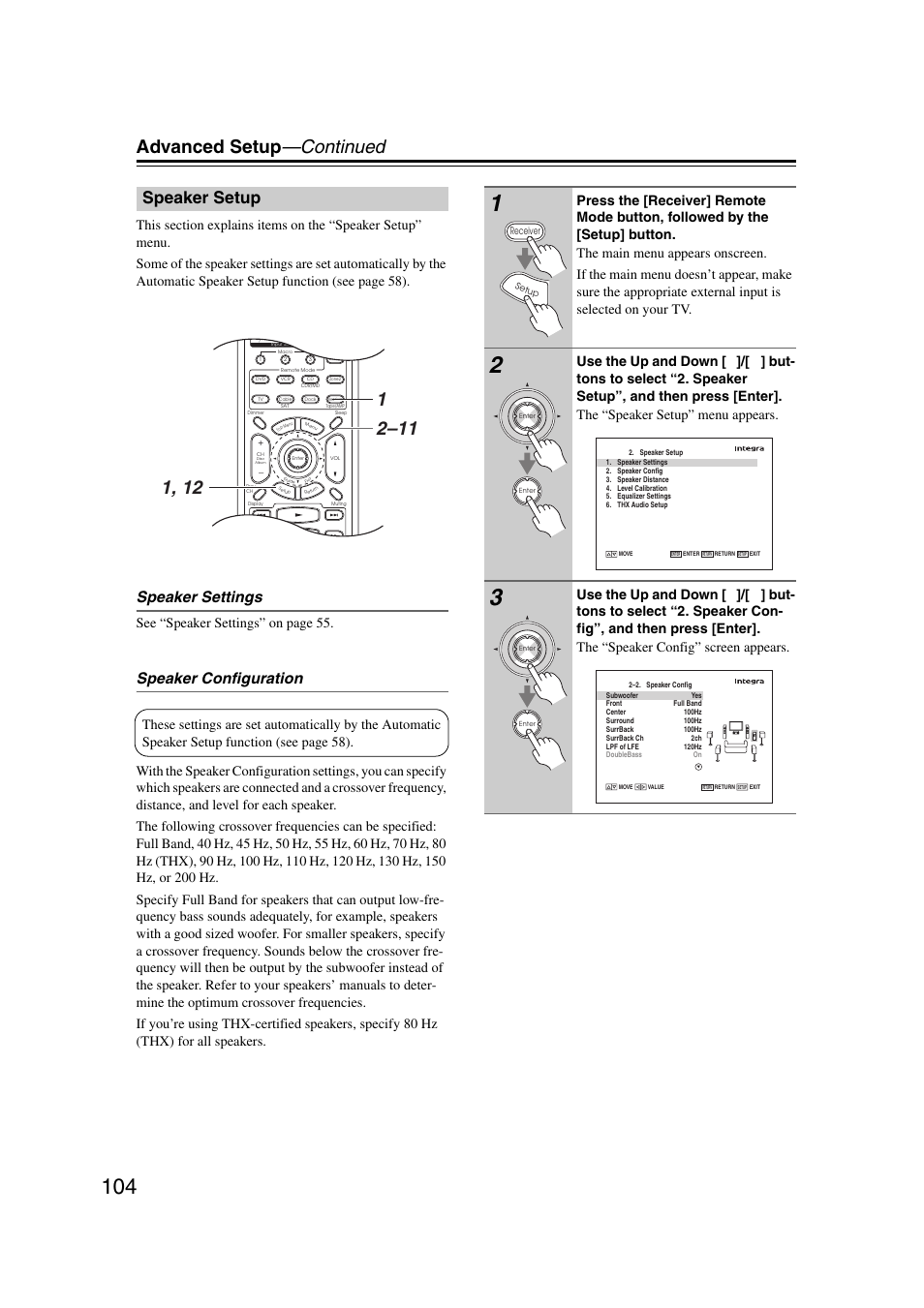 Speaker setup, Es 104–1, Advanced setup —continued | Speaker settings, Speaker configuration, See “speaker settings” on page 55 | Integra DHC-9.9 User Manual | Page 104 / 148