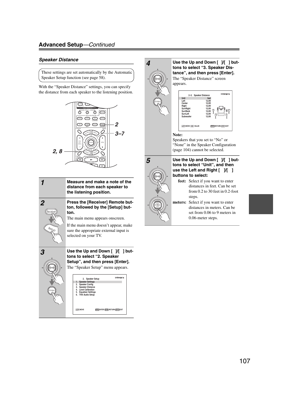 Advanced setup —continued, Speaker distance | Integra DHC-9.9 User Manual | Page 107 / 148