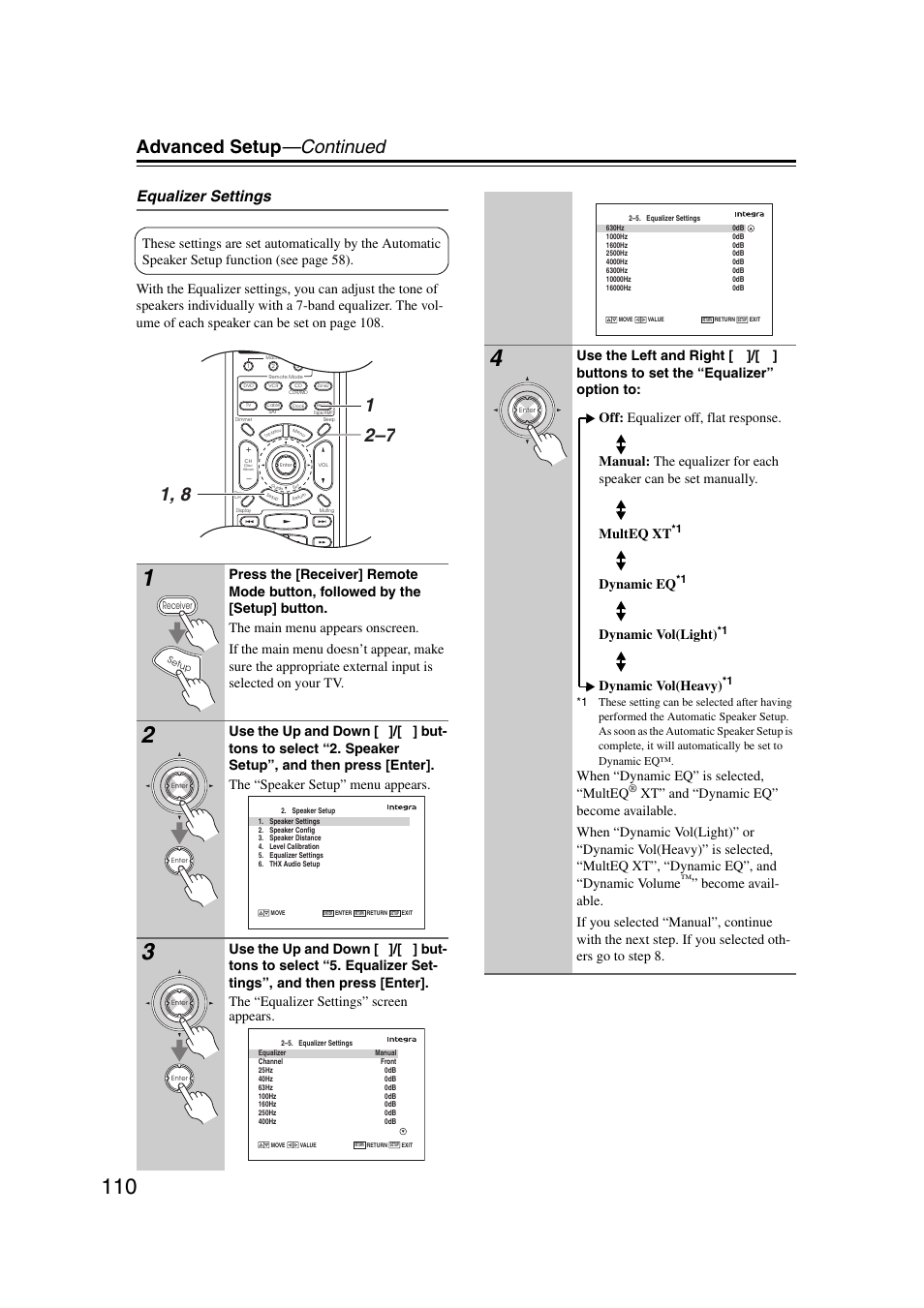 Advanced setup —continued, Equalizer settings, Dynamic eq | Dynamic vol(light), Dynamic vol(heavy), When “dynamic eq” is selected, “multeq | Integra DHC-9.9 User Manual | Page 110 / 148