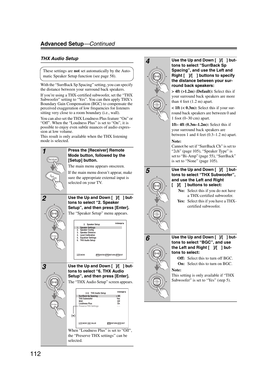 Advanced setup —continued, Thx audio setup | Integra DHC-9.9 User Manual | Page 112 / 148