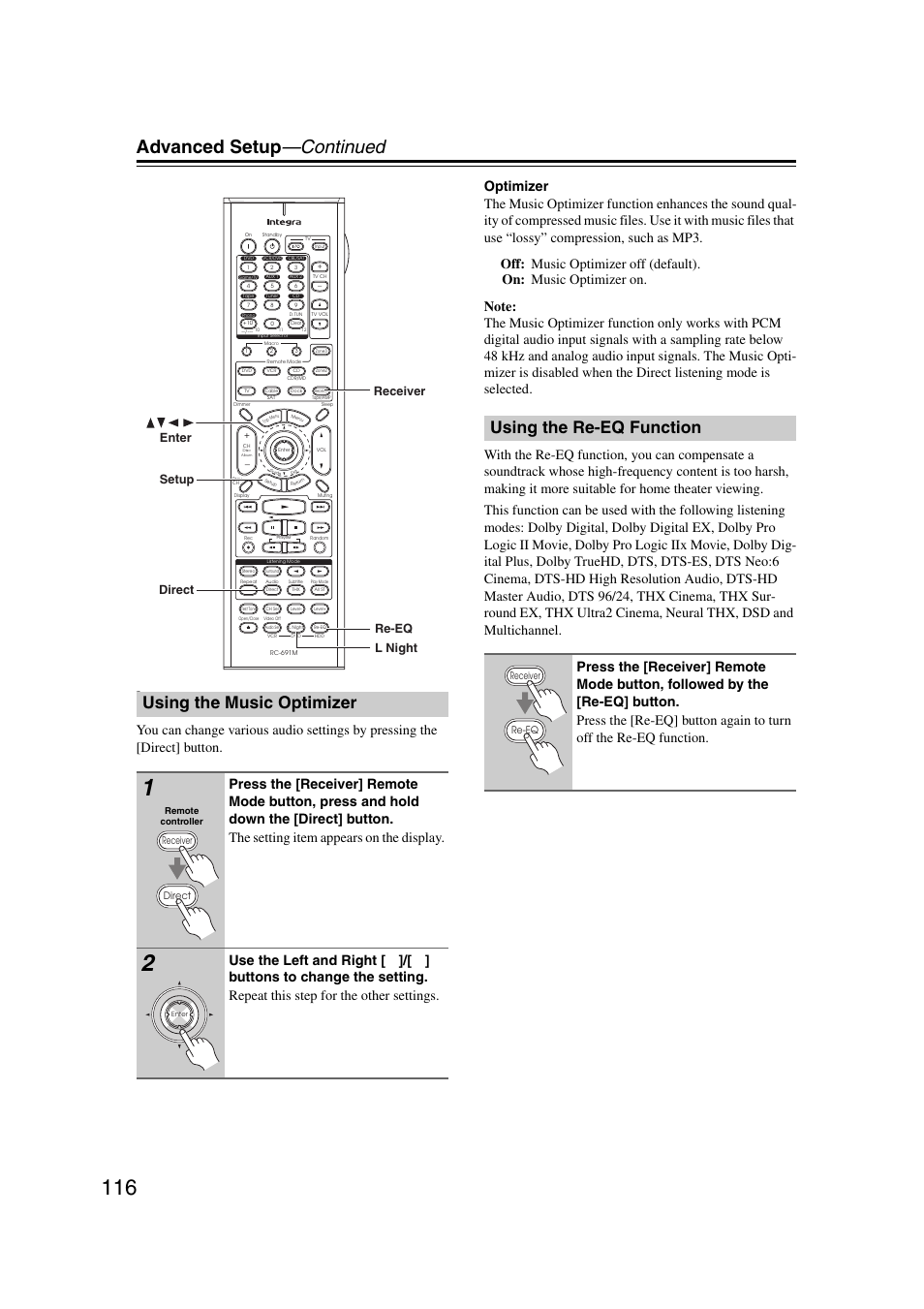 Using the music optimizer, Using the re-eq function, Using the music optimizer using the re-eq function | Tton (116), Advanced setup —continued, Setup direct receiver l night re-eq enter | Integra DHC-9.9 User Manual | Page 116 / 148