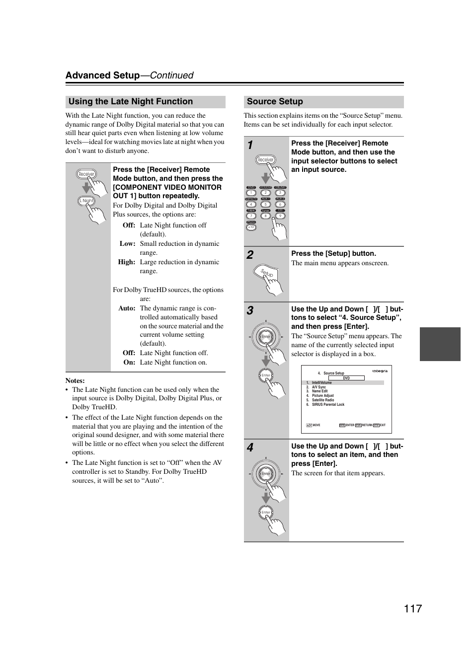 Using the late night function, Source setup, Using the late night function source setup | Tton (117), Es 117–1, Advanced setup —continued | Integra DHC-9.9 User Manual | Page 117 / 148