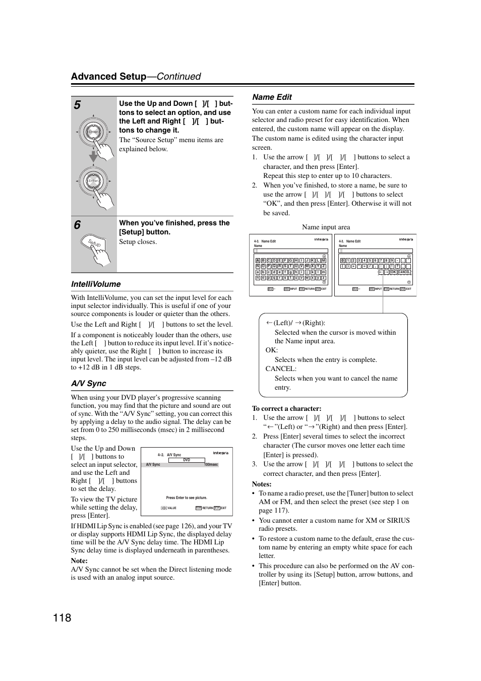 Advanced setup —continued, Intellivolume, A/v sync | Name edit | Integra DHC-9.9 User Manual | Page 118 / 148