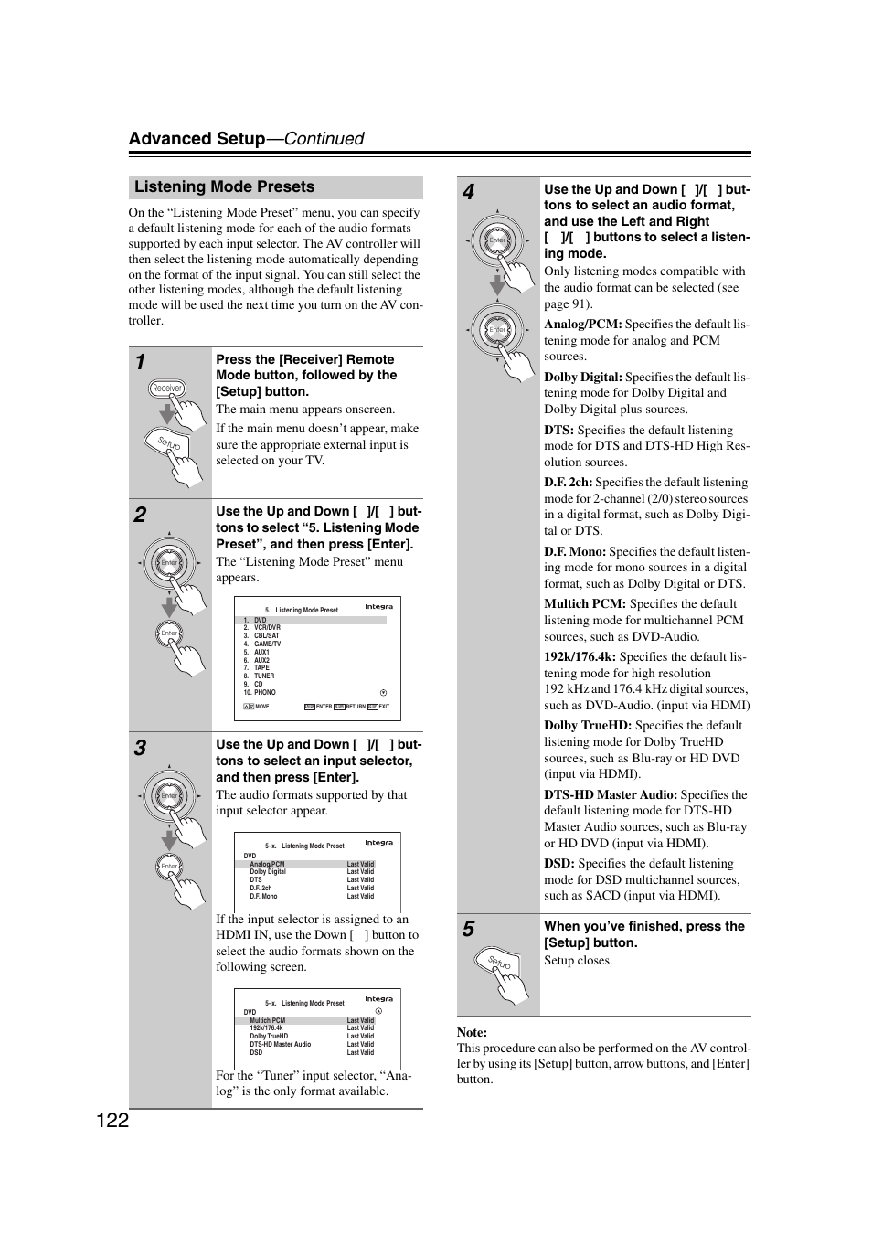 Listening mode presets, Advanced setup —continued | Integra DHC-9.9 User Manual | Page 122 / 148