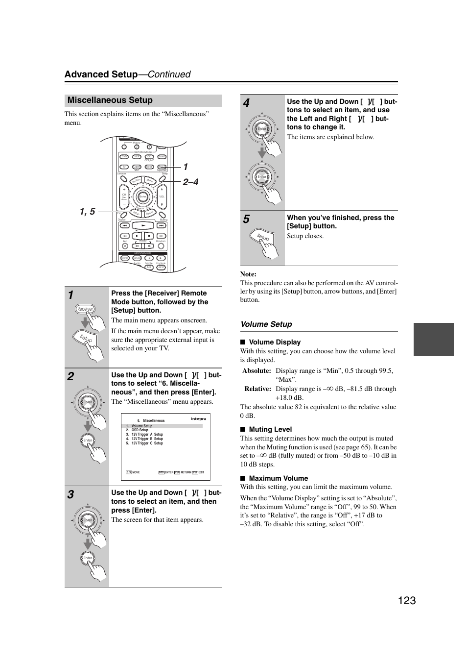 Miscellaneous setup, Advanced setup —continued, Volume setup | Integra DHC-9.9 User Manual | Page 123 / 148