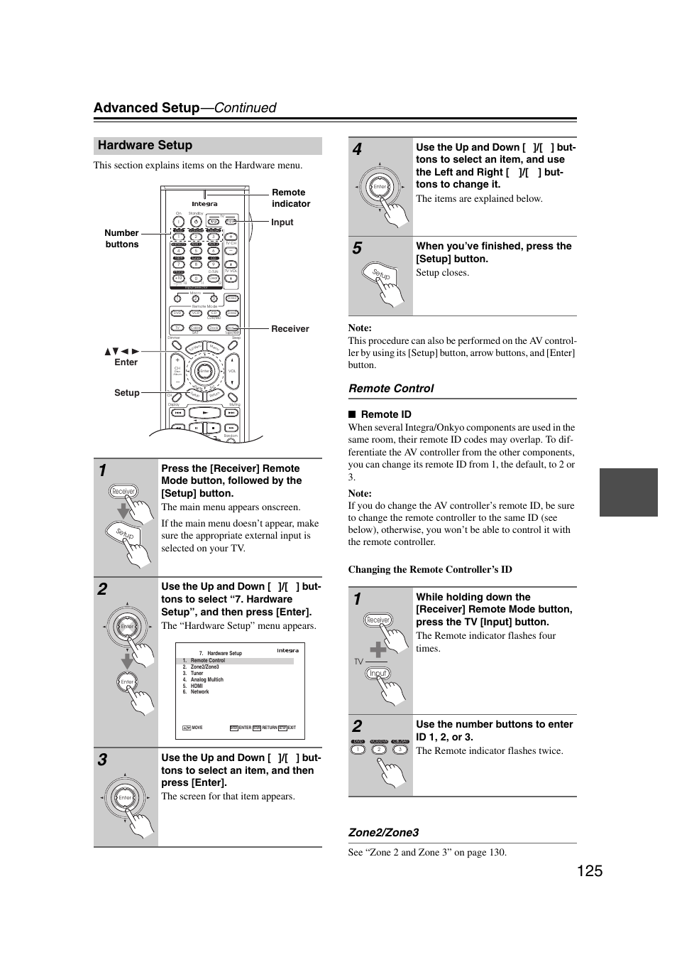 Hardware setup, Advanced setup —continued, Remote control | Zone2/zone3 | Integra DHC-9.9 User Manual | Page 125 / 148