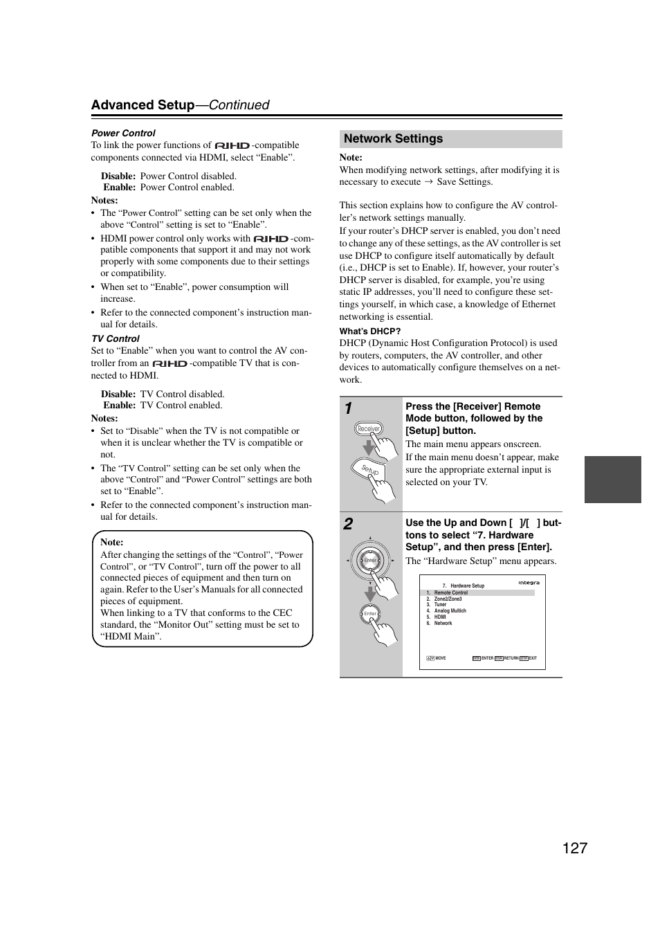Network settings, Advanced setup —continued | Integra DHC-9.9 User Manual | Page 127 / 148