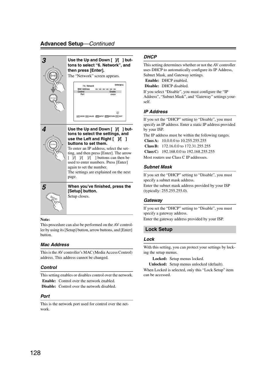 Lock setup, Advanced setup —continued | Integra DHC-9.9 User Manual | Page 128 / 148