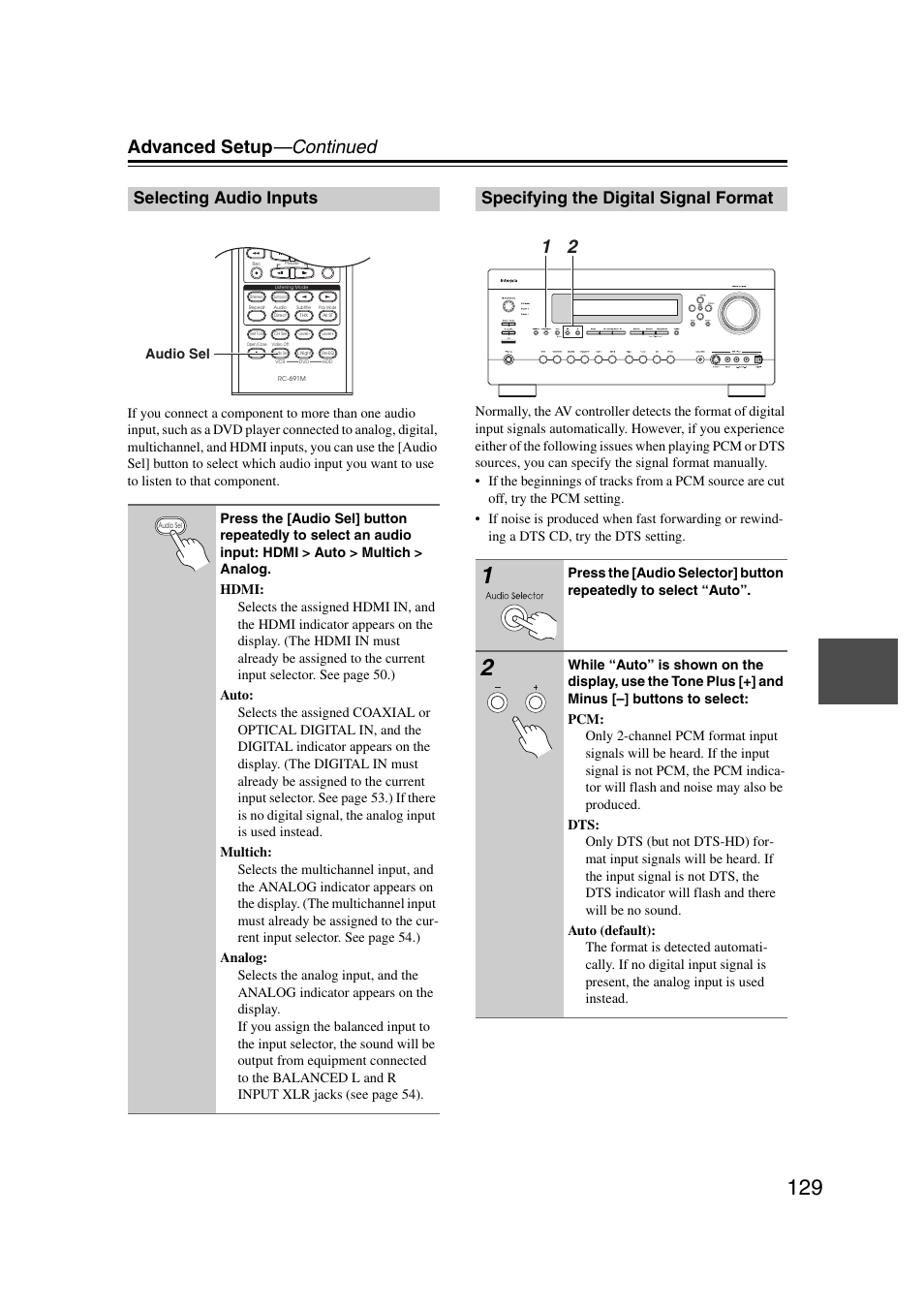 Selecting audio inputs, Specifying the digital signal format, Tton (129) | Advanced setup —continued, Audio sel | Integra DHC-9.9 User Manual | Page 129 / 148