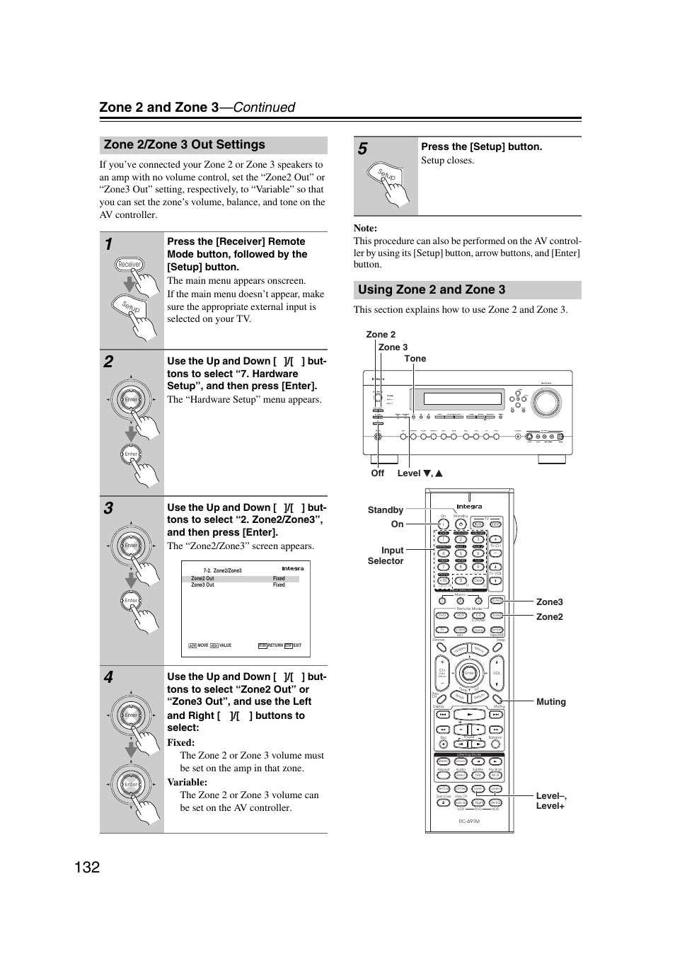 Zone 2/zone 3 out settings, Using zone 2 and zone 3, Zone 2/zone 3 out settings using zone 2 and zone 3 | Zone 2 and zone 3 —continued, Press the [setup] button. setup closes, Zone 2 zone 3 tone off level | Integra DHC-9.9 User Manual | Page 132 / 148