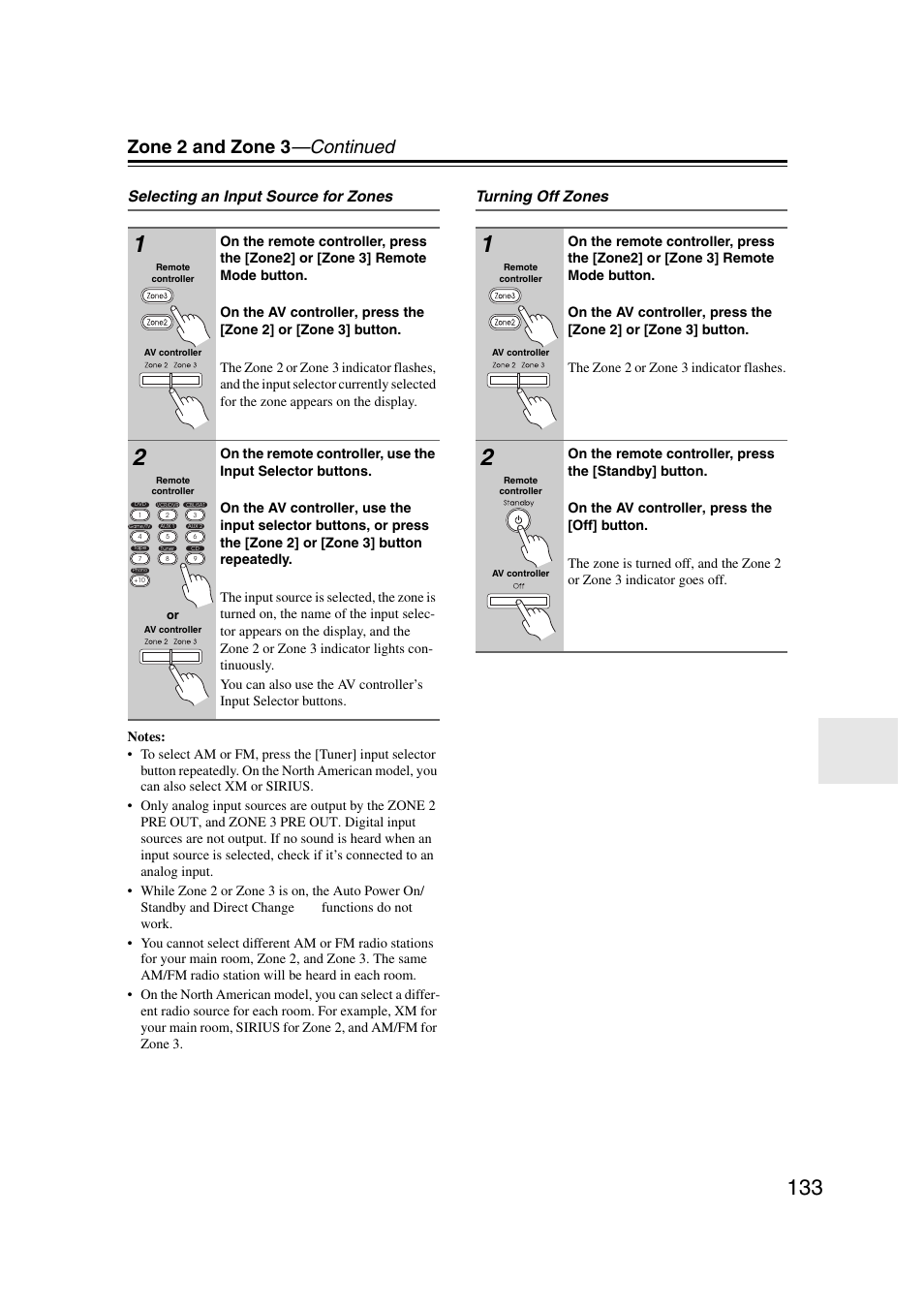 2 indicator (133, 3 indicator (133, Ttons (133, 13 | Zone 2 and zone 3 —continued, Selecting an input source for zones, Turning off zones | Integra DHC-9.9 User Manual | Page 133 / 148