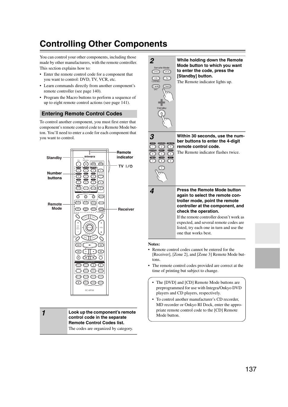 Controlling other components, Entering remote control codes | Integra DHC-9.9 User Manual | Page 137 / 148