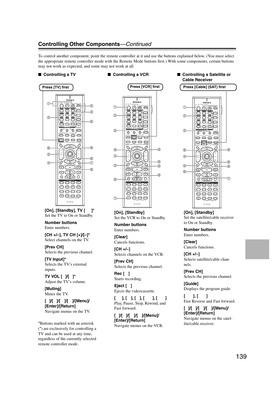 Controlling other components —continued, Press [tv] first, Press [vcr] first | Press [cable] (sat) first | Integra DHC-9.9 User Manual | Page 139 / 148