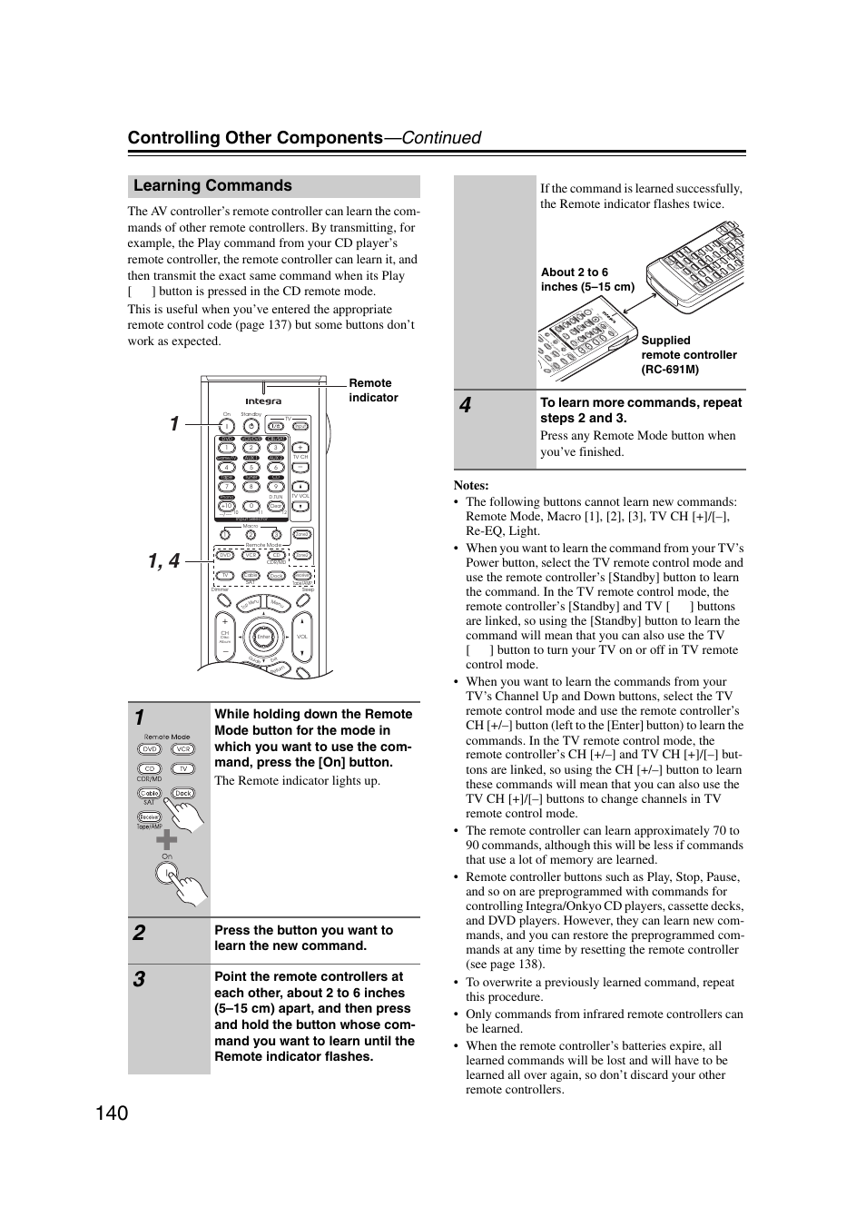 Learning commands, Controlling other components —continued, Press the button you want to learn the new command | Remote indicator | Integra DHC-9.9 User Manual | Page 140 / 148