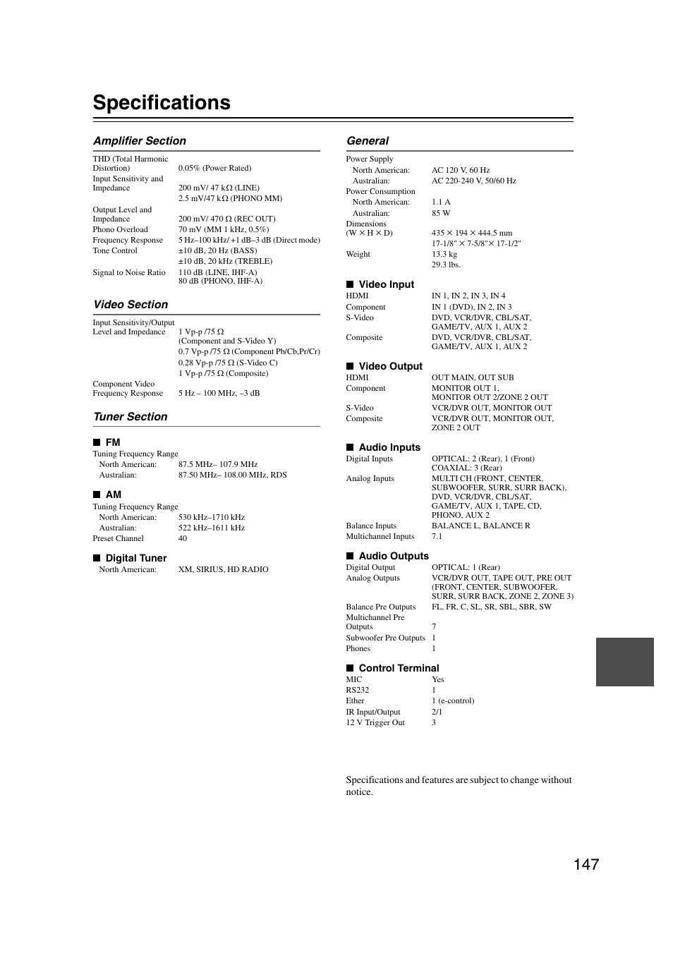 Specifications | Integra DHC-9.9 User Manual | Page 147 / 148