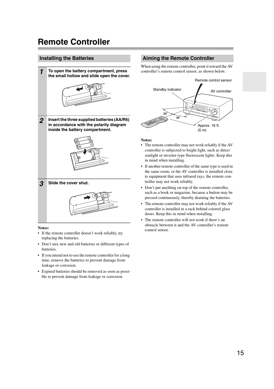 Remote controller, Installing the batteries, Aiming the remote controller | Integra DHC-9.9 User Manual | Page 15 / 148