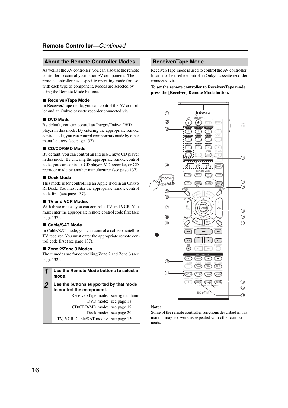 About the remote controller modes, Receiver/tape mode, Remote controller —continued | Use the remote mode buttons to select a mode, Tape/amp | Integra DHC-9.9 User Manual | Page 16 / 148