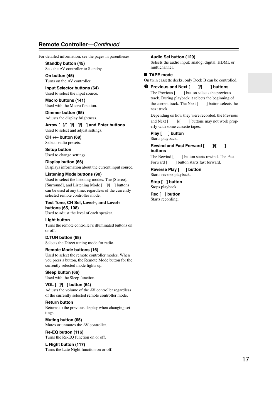 Remote controller —continued | Integra DHC-9.9 User Manual | Page 17 / 148