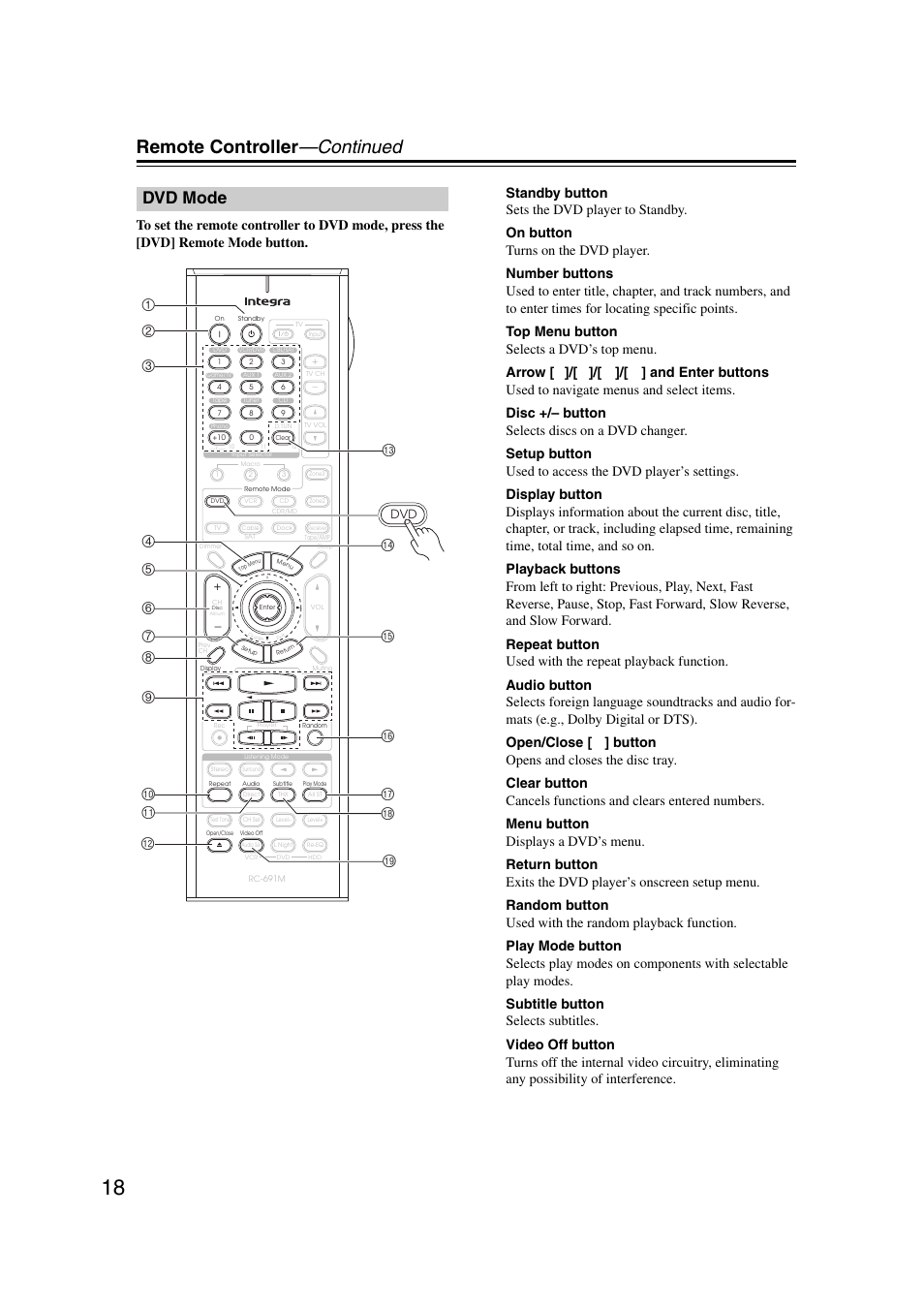 Dvd mode, Remote controller —continued | Integra DHC-9.9 User Manual | Page 18 / 148