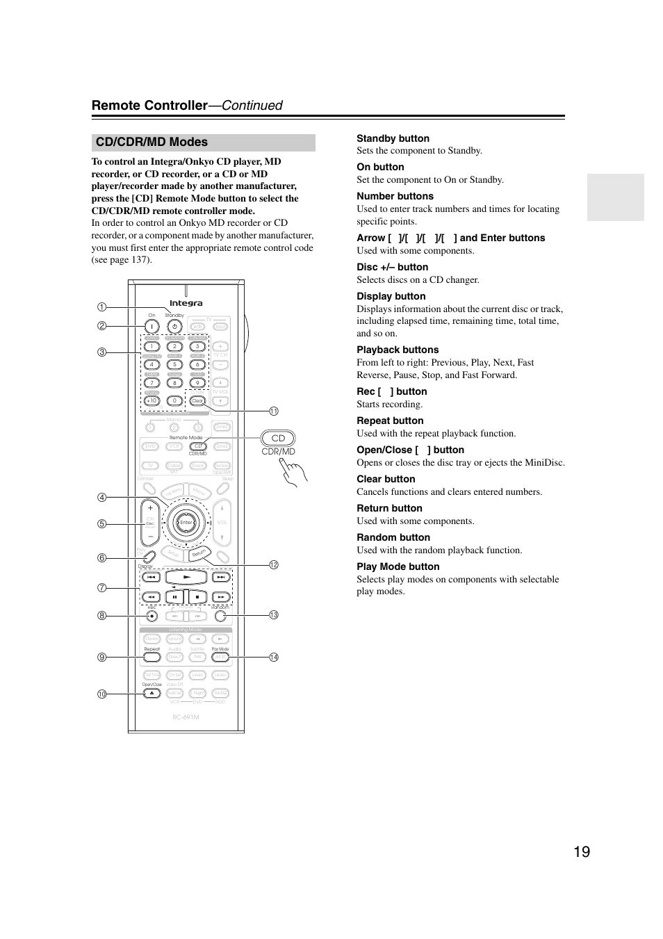 Cd/cdr/md modes, Remote controller —continued, Cdr/md cd | Integra DHC-9.9 User Manual | Page 19 / 148