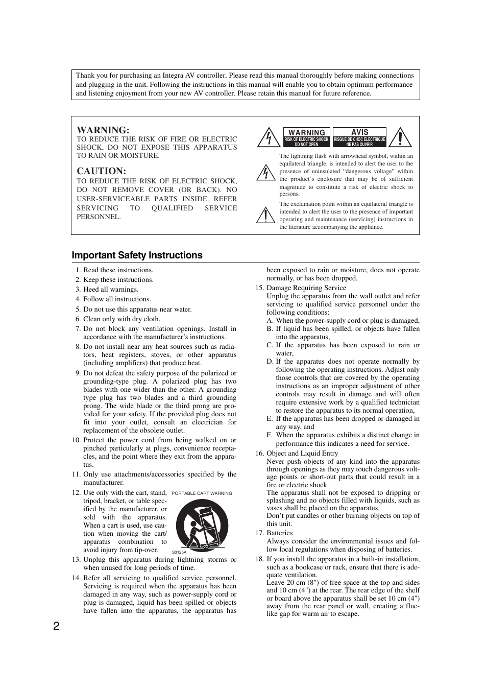 Important safety instructions, Warning, Caution | Integra DHC-9.9 User Manual | Page 2 / 148