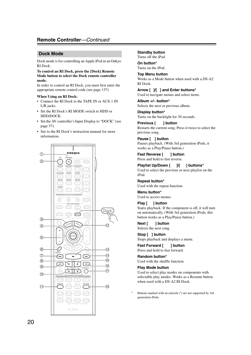 Dock mode, Remote controller —continued | Integra DHC-9.9 User Manual | Page 20 / 148