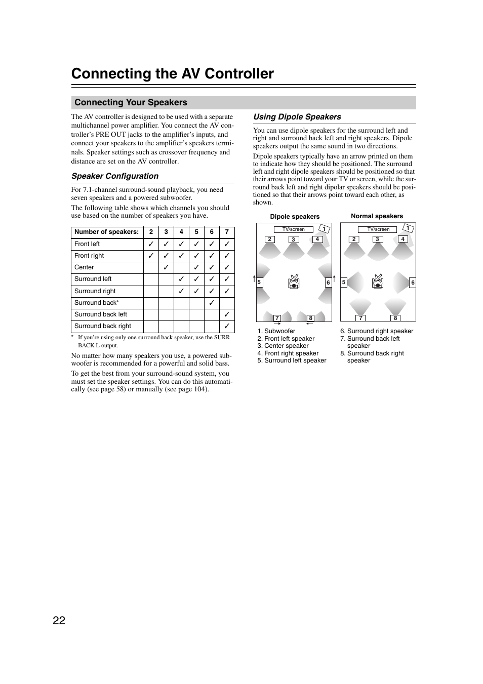 Connecting the av controller, Connecting your speakers | Integra DHC-9.9 User Manual | Page 22 / 148